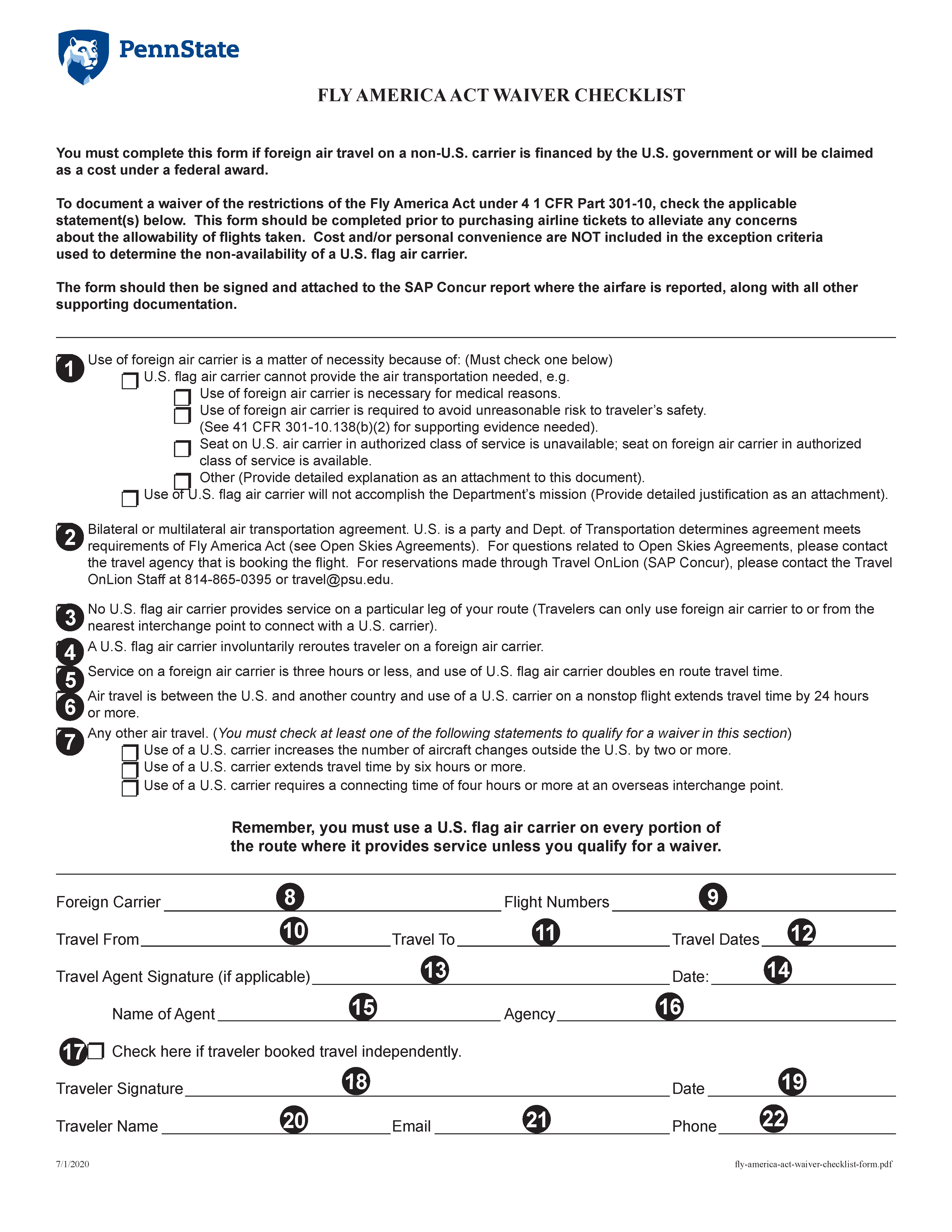 Image Of Fly America Act Waiver Checklist Form